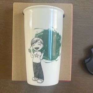 New ceramic starbucks 12oz traveler mug with lid, child kid painting